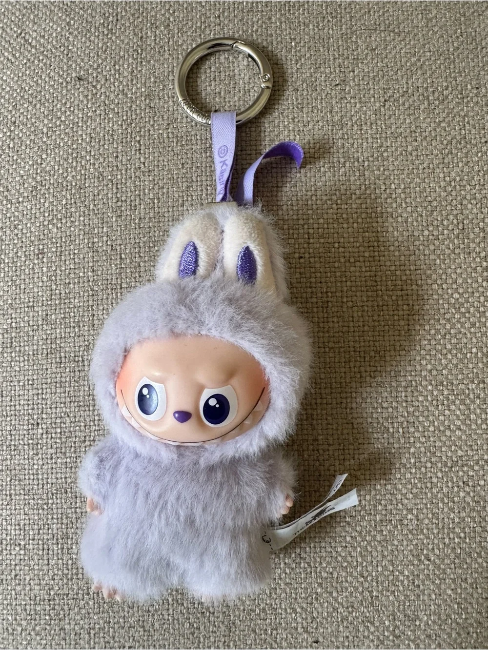 Labubu Mini Classic Plush Bunny Keychain - Light Gray with Purple Accents